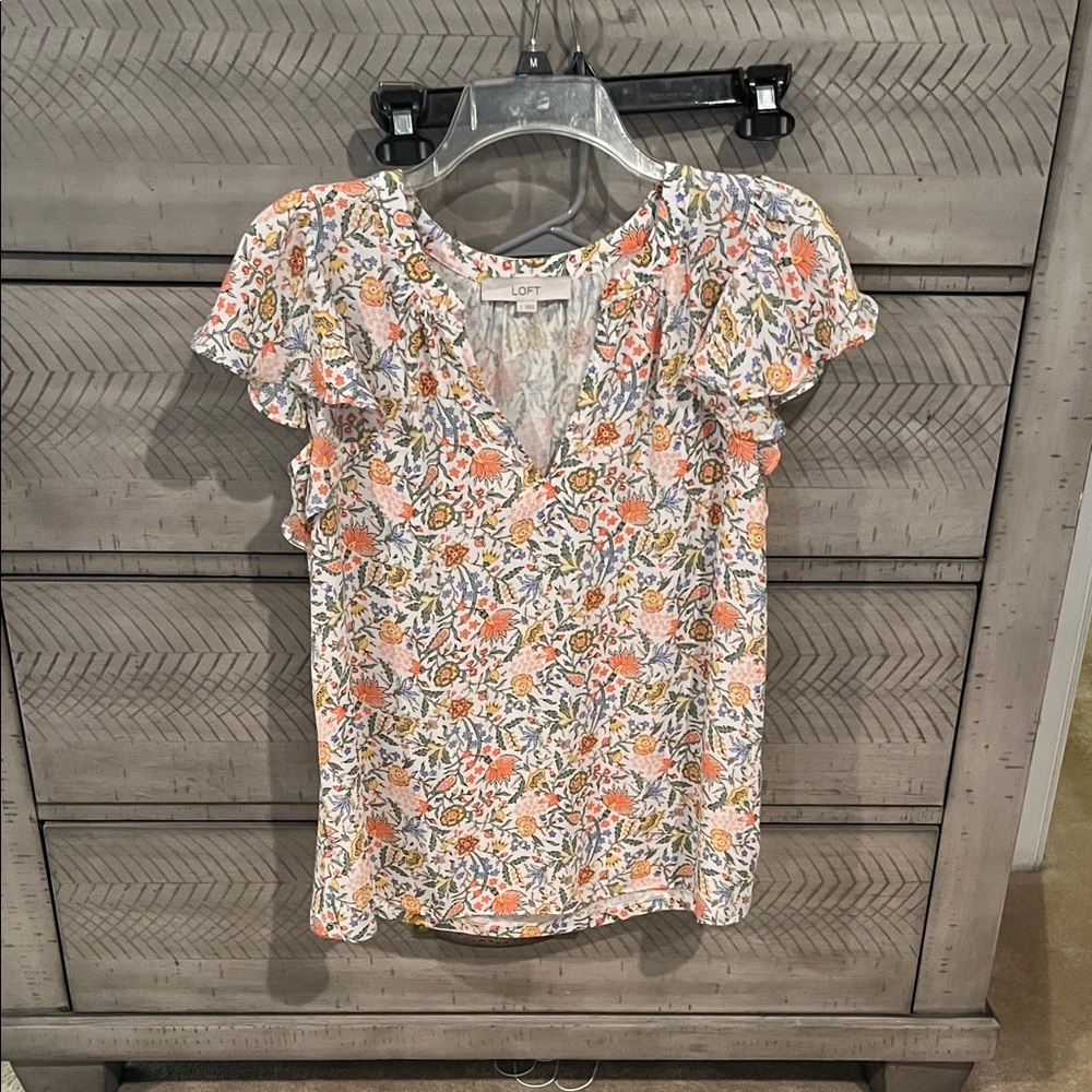 LOFT Floral Ruffle-Sleeve V-Neck Top in Cream, Coral, Green